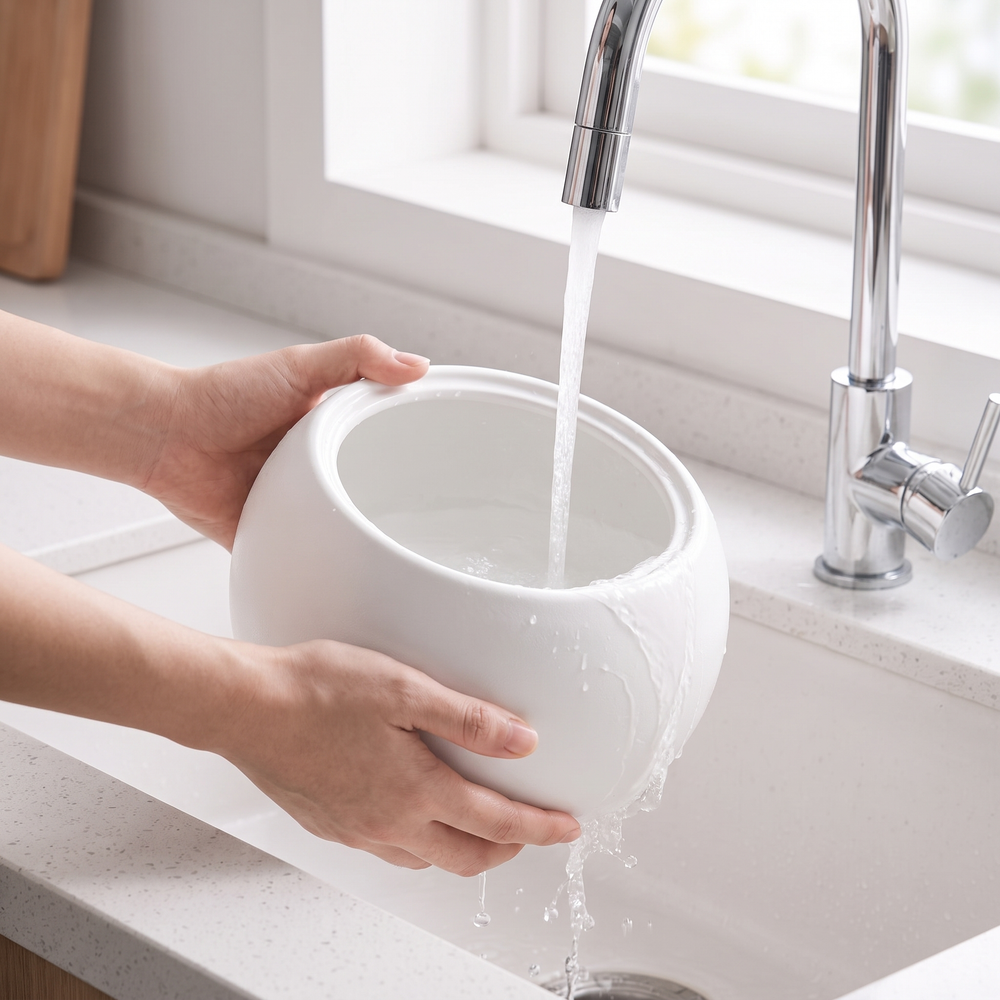 Rinsing the ceramic fountain bowl under water