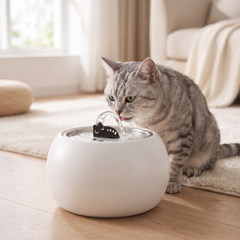 Cat drinking from H&Paws ceramic fountain