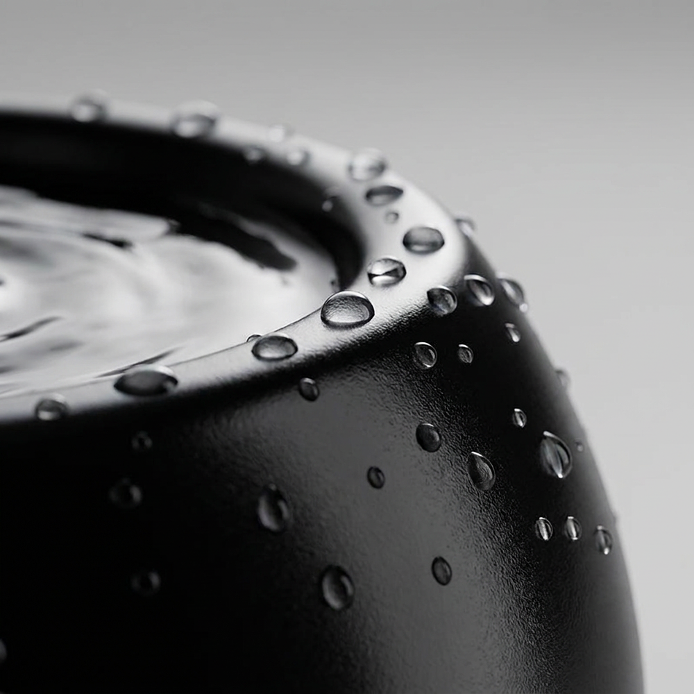 Black glazed ceramic cat fountain close-up with water droplets