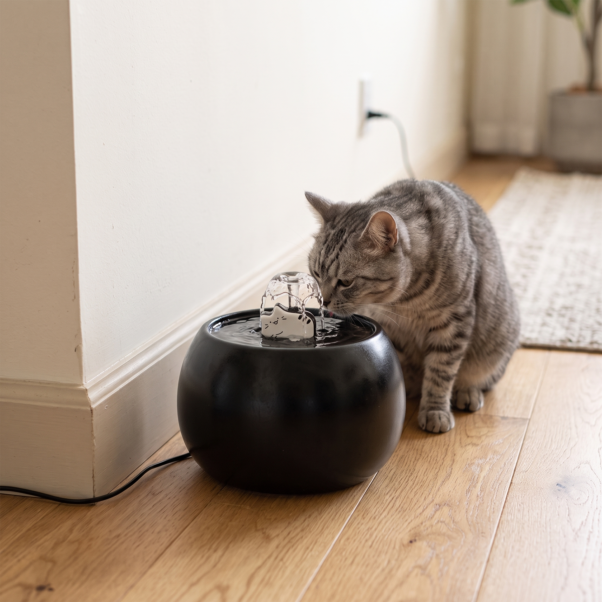 Eve Black H&Paws fountain in a living room corner with a grey tabby cat